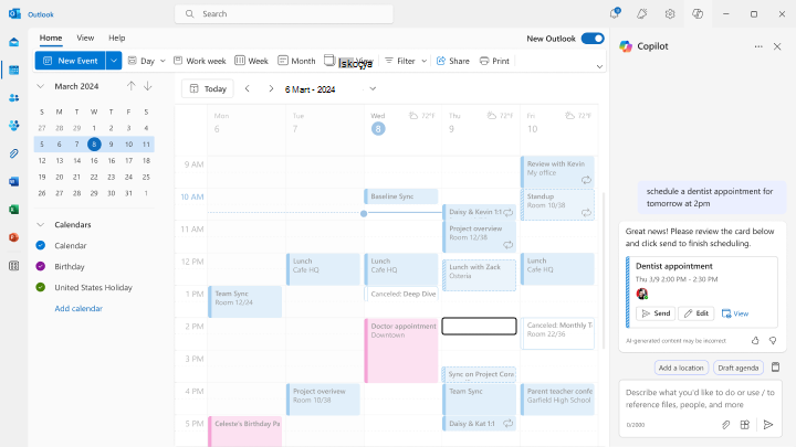 Outlook'ta Sohbet Destekli Zamanlamayı Kullanarak Randevu Rezervasyonu Işleminin Ekran Görüntüsü.