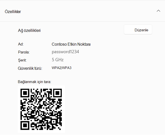 Etkin nokta olarak davranan bir Windows cihazına bağlanmak için kullanılan QR kodunun ekran görüntüsü.