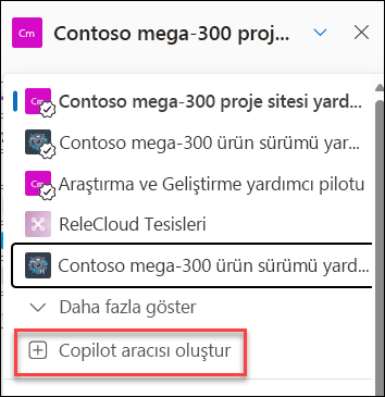 Sohbet bölmesinden yeni bir Copilot aracısı oluşturma ekran görüntüsü