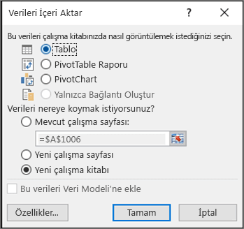 Excel 2016'dan veri içeri aktarma iletişim kutusu