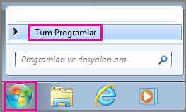 Windows 7’de Tüm Programlar seçeneğini kullanarak Office uygulamalarını arayın