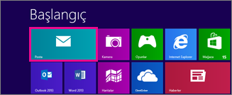 Posta kutucuğunu gösteren Windows 8 Başlangıç sayfası