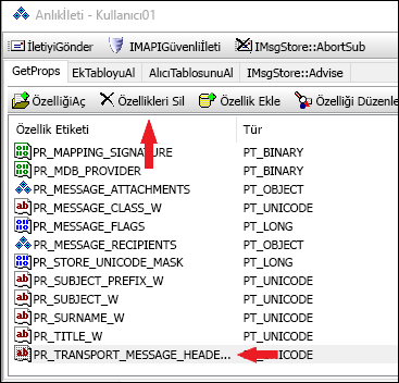 PR_TRANSPORT_MESSAGE_HEADERS özelliğini silmek için OutlookSpy'ı kullanın.