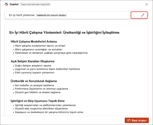 PowerPoint Copilot tarafından oluşturulan konu listesinin ekran görüntüsü.