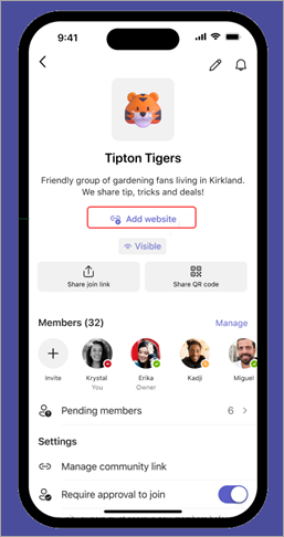 Microsoft Teams'de topluluk ayarlarında web sitesi ekle bağlantısının ekran görüntüsü (ücretsiz) bir mobil cihaz.