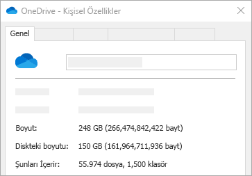 Disk özelliklerinde OneDrive Boyutu