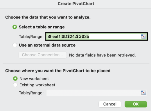 Mac'te PivotChart Oluştur iletişim kutusu.
