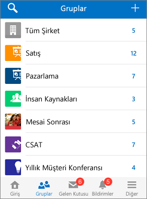 Yammer mobil uygulamasında grupların ekran görüntüsü
