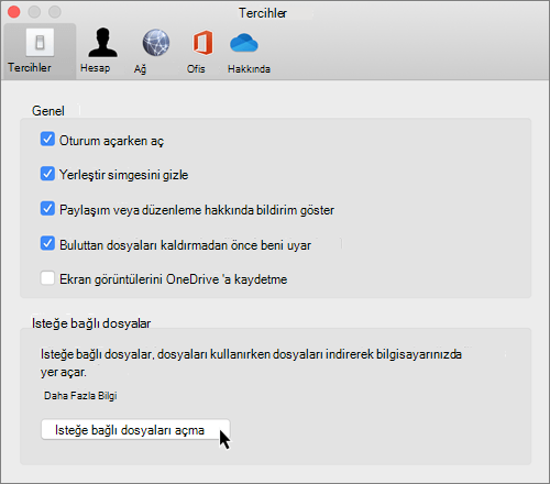 mac'te OneDrive İsteğe Bağlı Dosyalar için Tercihler'in ekran görüntüsü