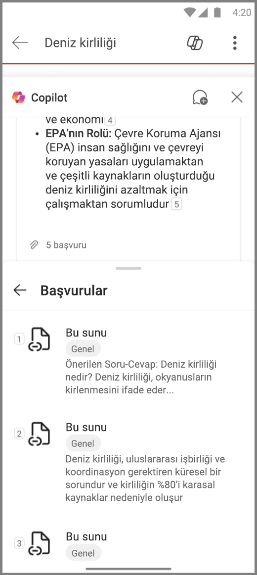 Bu desteyi Özetle yanıtı için Referanslar içeren Android cihazdaki PowerPoint'teki Copilot'un ekran görüntüsü