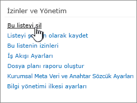 İzinler ve yönetim altında bu listeyi sil