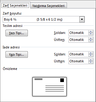 Zarf boyutunu ve adres yazı tiplerini ayarlamak için Zarf seçenekleri sekmesi