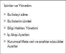 Liste izinleri ve Yönetim Ayarları bağlantıları