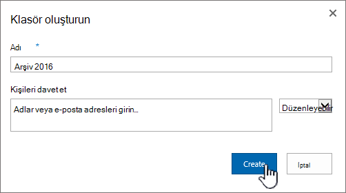 SharePoint 2016 Yeni Klasör paylaşımı iletişim kutusu