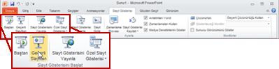 PowerPoint 2010'da Slayt Gösterisi sekmesi, Slayt Gösterisini Başlat grubuna bakın.