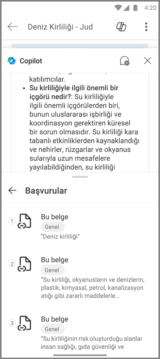 Android cihazda Word'de Copilot'un Copilot'un yanıtı için Başvuruları içeren ekran görüntüsü