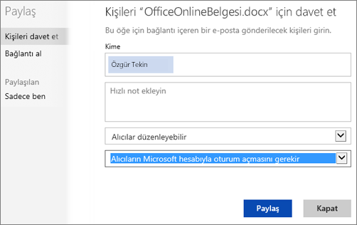 “Alıcıların Microsoft hesabıyla oturum açması gerekir” seçeneğini gösteren Paylaş iletişim kutusunun ekran görüntüsü