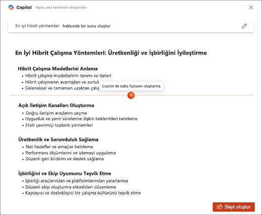 PowerPoint Copilot’ta Copilot ile Daha Fazlasını Ekle özelliğinin ekran görüntüsü.