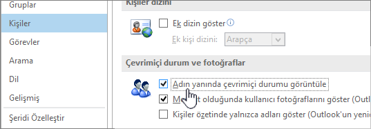 Seçenekler iletişim kutusundaki Çevrimiçi durumu görüntüle seçeneğinin vurgulandığı Kişiler sekmesi