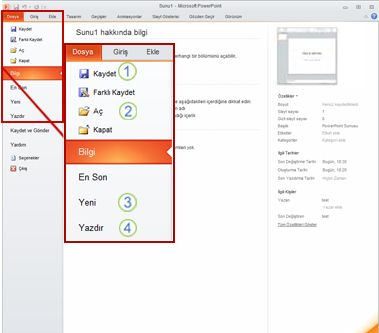 PowerPoint 2010 şeridinde Dosya sekmesi.