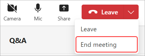 Kullanıcı arayüzünün genel toplantıdan nasıl ayrılacağını veya sonlandırılacağını gösteren ekran görüntüsü