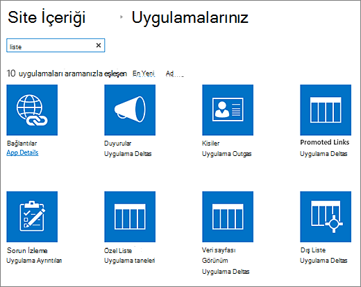 Site İçeriği sayfasında uygulamaları listeleme