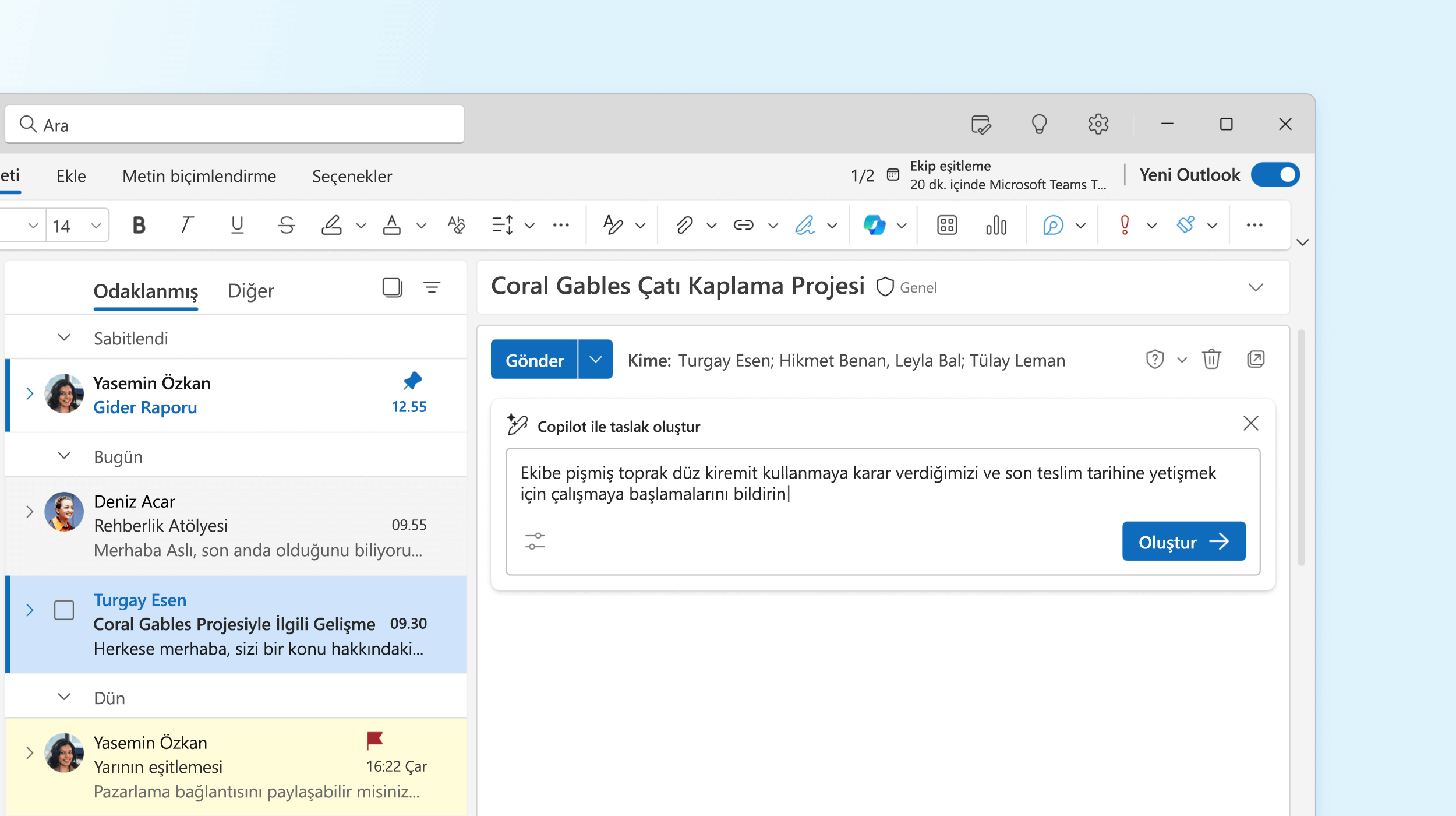 Outlook'ta bir e-posta iletisi hazırlayan Copilot'u gösteren ekran görüntüsü.