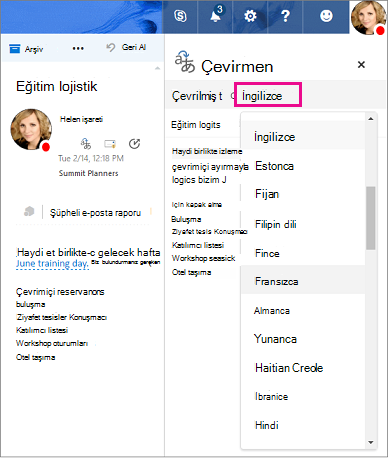 İleti metninizin Outlook.com ve Web üzerinde Outlook’ta çevrileceği dili seçin