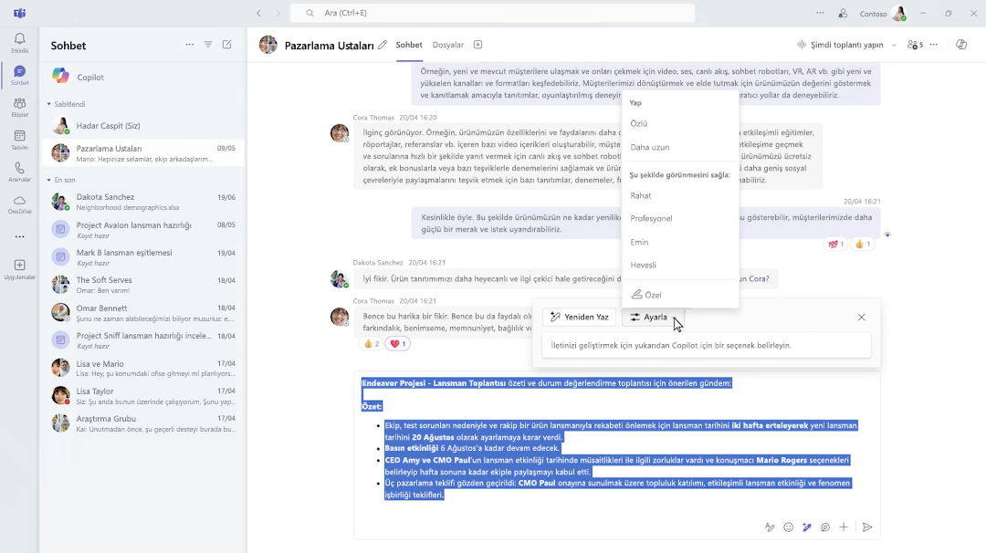 Microsoft Teams sohbetinde Copilot oluşturun.