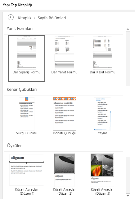 Sayfa Bölümleri kategorisindeki küçük resimleri görüntüleyen kısmi Yapı Taşı Kitaplığı penceresinin ekran görüntüsü.