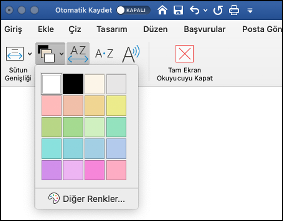 Mac için Word'de Tam Ekran Okuyucu için gösterilen Sayfa Rengi Seçenekleri