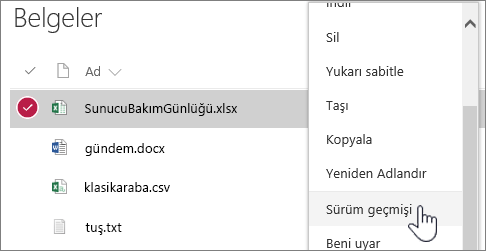 Sürüm geçmişinin vurgulandığı belge kitaplığı sağ tıklama menüsü