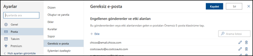 Ekran görüntüsü Ayarlar altında bulunan Posta bölümündeki Gereksiz e-posta penceresini gösteriyor.