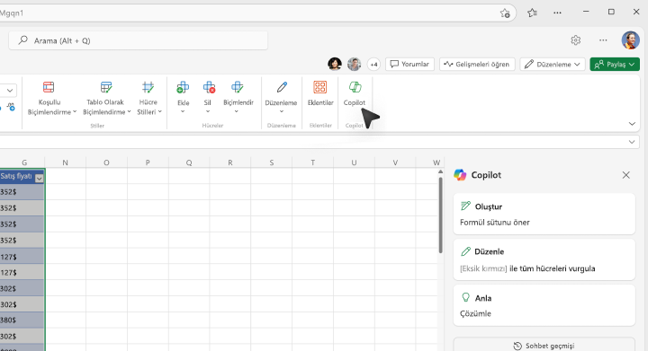 Excel şeridinde Copilot düğmesinin seçileceği yerin ekran görüntüsü.