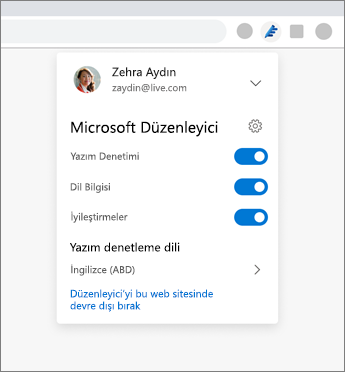 Seçenekleri açma ve kapatma ayarlarını içeren tarayıcıdaki açılan menüyü gösteren Microsoft Düzenleyici uzantısı