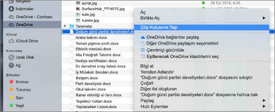 Mac Bulucu'da OneDrive'dan dosya silmek için menü seçimine sağ tıklayın