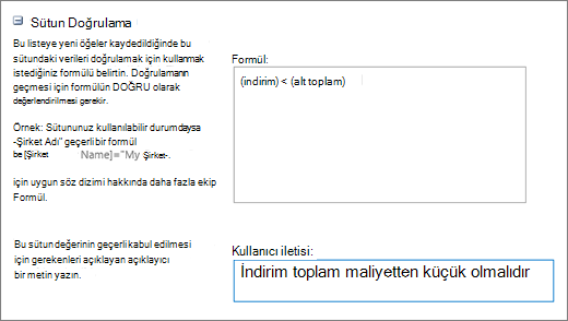 Alanları örnek verilerle doldurulmuş sütun doğrulama iletişim kutusu