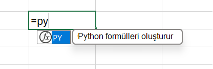 Python formülünün seçili olduğu excel formülünün Otomatik Tamamlama menüsü.