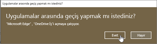 Windows 10 Edge tarayıcısı Evet vurgulanmış olarak uygulama iletişim kutusu