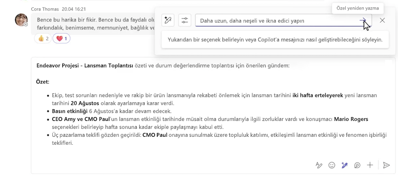 Microsoft Teams sohbetinde Copilot kullanarak iletiyi özel olarak yeniden yazın.