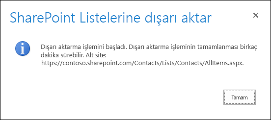 SharePoint listelerine dışarı aktarma iletisinin ve Tamam düğmesinin ekran görüntüsü.
