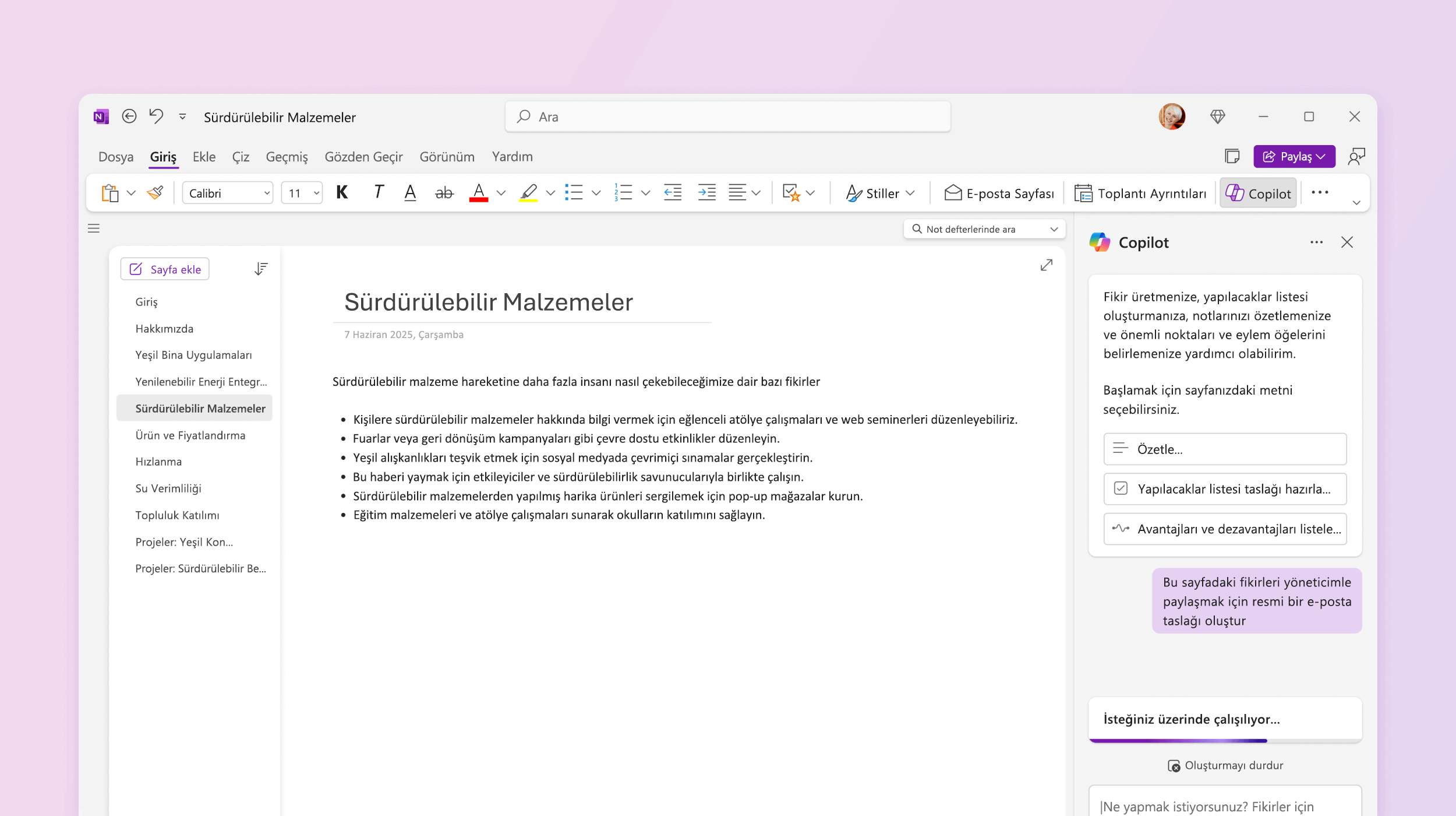 Plan taslağı hazırlayan OneNote'ta Copilot'ı gösteren ekran görüntüsü.