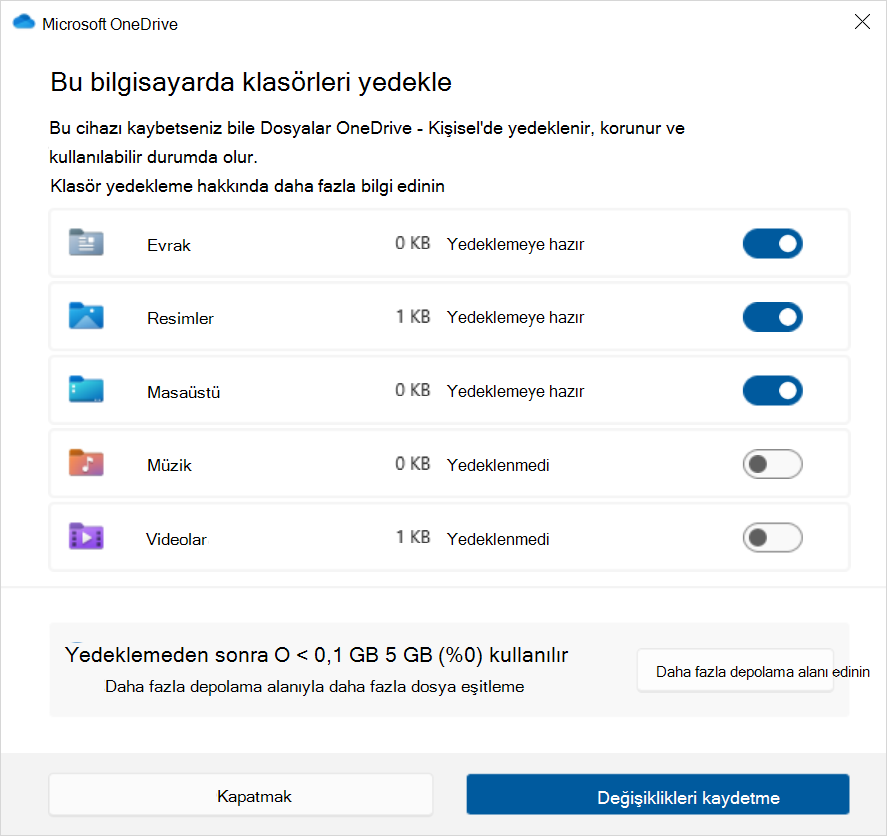 Windows 10'de OneDrive Yedekleme'nin ekran görüntüsü.