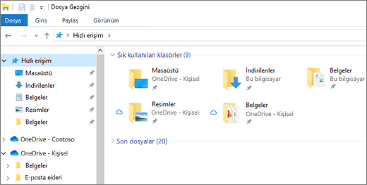masaüstünde Windows 10, Belgeler ve Resimler klasörleriyle birlikte Dosya Gezgini OneDrive