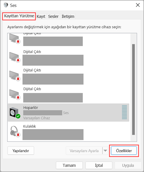 Windows 11 Ses Ayarları'nda ses çıkış aygıtı özelliklerine erişin.