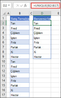 BENZERSİZ işlevi ad listelerini sıralamak için kullanılır.