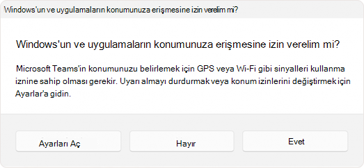 Kullanıcıdan bir uygulamanın konuma erişmesine izin vermesini isteyen istemin ekran görüntüsü.