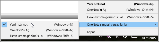 OneNote seçeneklerinin görüntülendiği sistem tepsisi ekran görüntüsü.