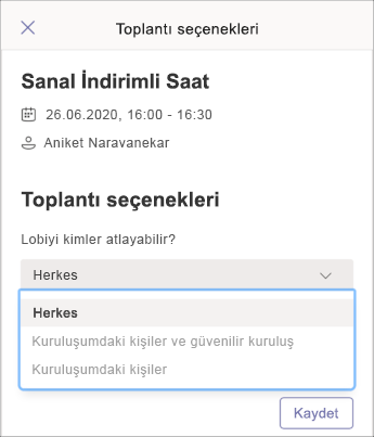 Toplantı seçenekleri - mobil ekran görüntüsü