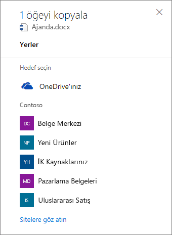 OneDrive İş’ten SharePoint sitesine dosya kopyalarken kullanılan Hedef seçme seçeneğinin ekran görüntüsü.